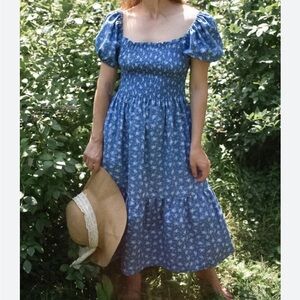 Blue Floral Smocked Midi Dress with Puff Sleeves + Pockets